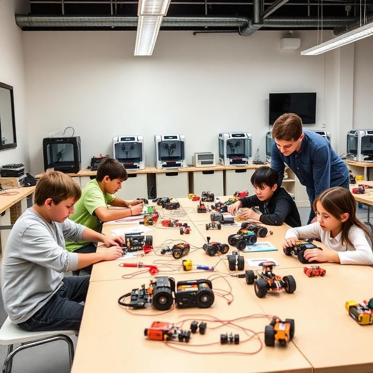Kids and teens building robots in KG Robotics Maker Lab